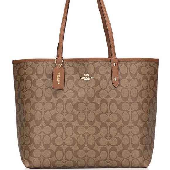 COACH REVERSIBLE SIGNATURE CITY TOTE KHAKI SADDLE - Picture 4 of 7